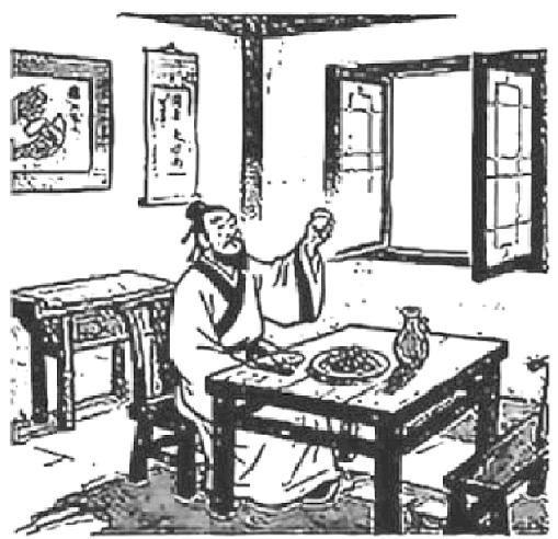 木刻版画风格插图：一位古装男子坐在窗前方桌旁，一手举杯，桌上有酒壶和一碟菜，窗户敞开，墙上挂着字画。（配《短歌行》「对酒当歌」）
