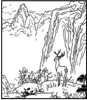 线描山水图（带黑色边框）：陡峭高耸的山崖，山脚草木丛生，一只鹿立于山坡。（配《梦游天姥吟留别》「白鹿」）