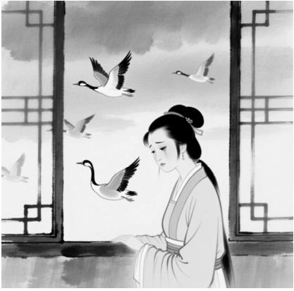 水墨风格画：窗前站着一位低眉含愁的古装女子，窗外几只大雁飞过。（配《声声慢》「雁过也」）
