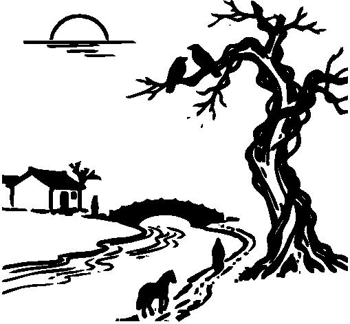 黑白剪影画:夕阳(画面左上)、老树上栖两只乌鸦、小桥流水与人家、古道上一匹瘦马和一个行人。(即《天净沙·秋思》意境,题目要求据此写出所对应的列锦诗句)