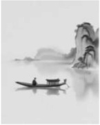 水墨小画:江面上一叶扁舟,舟上一人,远处山崖隐现于雾中。