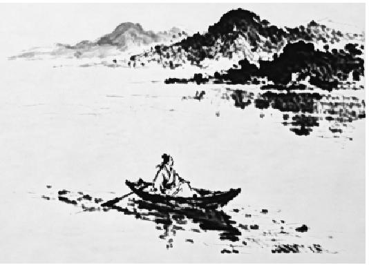 水墨画:江面一叶小舟,舟上一人执桨,远处有山影。
